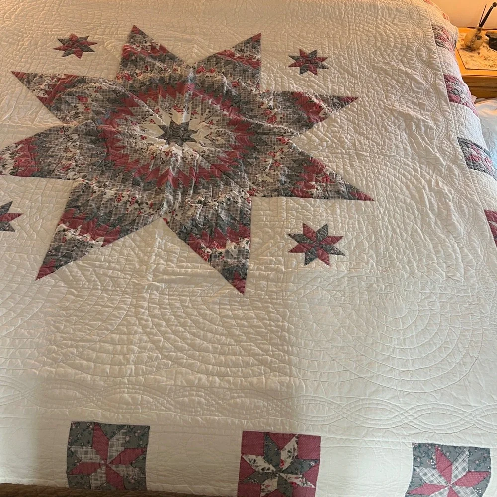 VTG quilt Lone Star Patchwork Quilt Pink Blue Floral Farmhouse Bedding 81